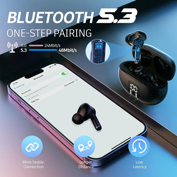 Wireless Earphone Bluetooth 5.3 Headphone 60H Playback LED Power Display Ear Buds Mic Noise Cancellation Stereo Sound Earphones