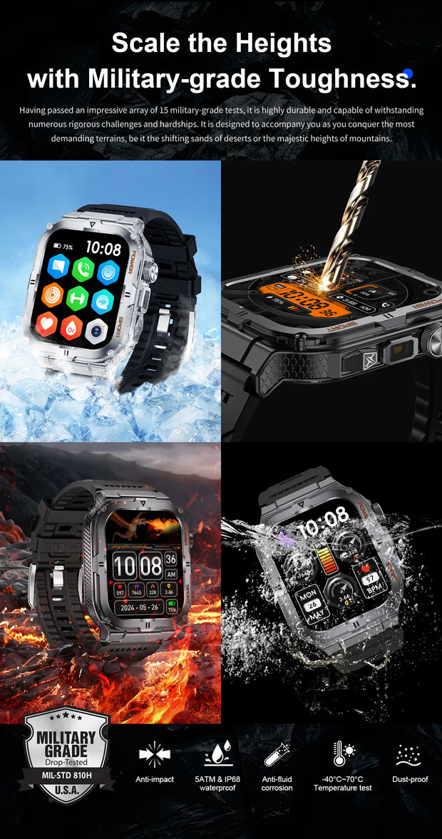 men's smartwatch, Bluetooth call tracker, military sports waterproof watch, digital fitness tracker smartwatch, LED flashlight