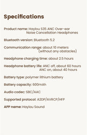 HAYLOU S35 ANC Wireless Headphones Over-ear 42dB ANC Headphone Bluetooth 5.2 40mm Dynamic Driver 60-hour Battery Life Earphones