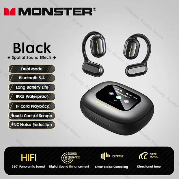 Monster Smart Touch Screen Wireless Headset OWS Bluetooth 5.4 Earphones IPX5 Sport Headphone TF Card Cellphone-free Playback MP3