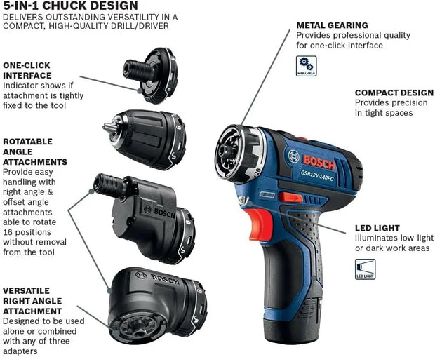 12V Max Cordless Power Drill Driver Kit with 5-In-1 Flexiclick System Multi-Head Drill Set with (2) 2 Ah Batteries (GSR12V-140FC