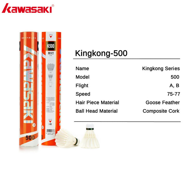 Kawasaki King Kong 100/500 Feather Shuttlecock Badminton For Clubs & Training Racquet Sports Speed 76 77 Durable Badminton Ball