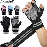 1Pair Half Finger Gym Fitness Gloves with Wrist Wrap Support for Men Women Crossfit Workout Power Weight Lifting Equipment