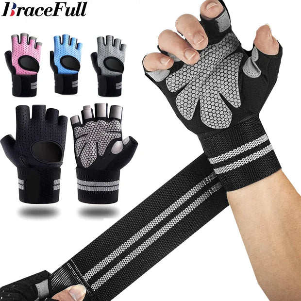 1Pair Half Finger Gym Fitness Gloves with Wrist Wrap Support for Men Women Crossfit Workout Power Weight Lifting Equipment