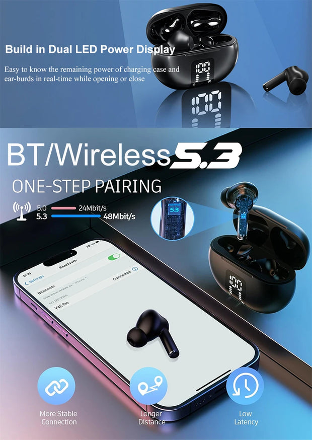 Wireless Earphone Bluetooth 5.3 Headphone 60H Playback LED Power Display Ear Buds Mic Noise Cancellation Stereo Sound Earphones