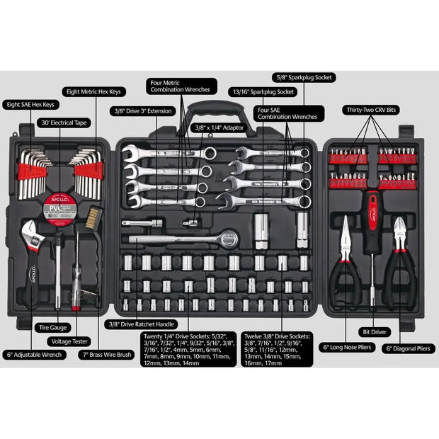 101-Piece Mechanics Tool Set SAE and Metric Socket Kit Wrenches Pliers Wire Brush Tire Gauge Hex Keys Bit Driver Sparkplug Tool