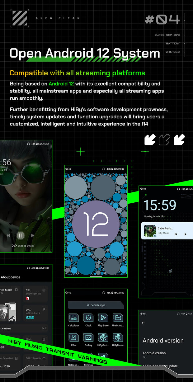 HiBy R4 ES9018Q2M*4 Android12 HiFi Music Player MP3 Audio Bluetooth WiFi DSD256 MQA 16x USB DAC Headphone AMP 11hr 4.7'' OPA1652